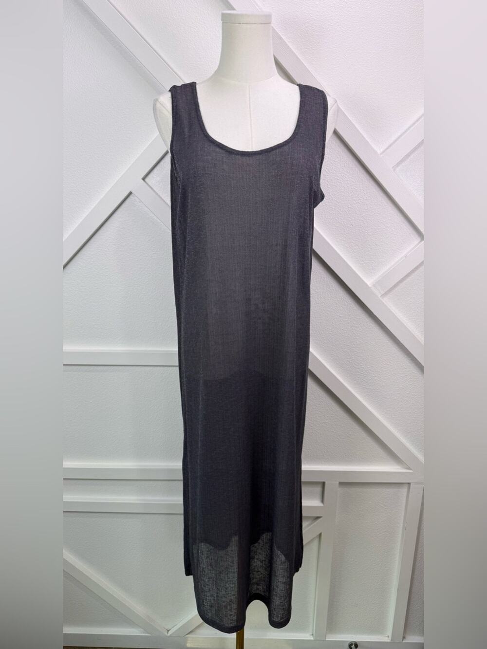 Sandwich Sheer Knit Tank Dress Gray Sleeveless Midi Swim Cover Up Medium